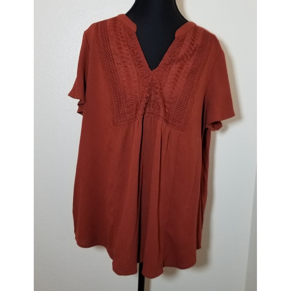 Torrid Rust V Neck Lace Trim Flutter Sleeve Shirt Sz 00 Boho Hippie Cottage
